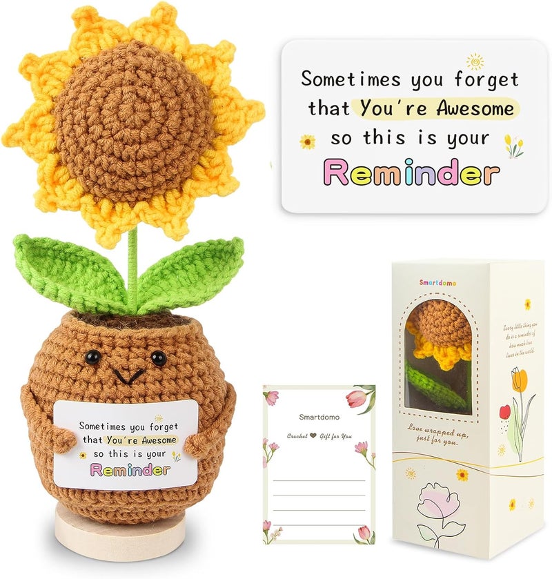 SmartDomo Positive Crochet Sunflower Inspirational Gift with Card Sometimes You Forget You're Awesome, Affirmation Gifts for Women, Emotional Support Plant for Friend, Teacher, Mom, Coworker - Image 1